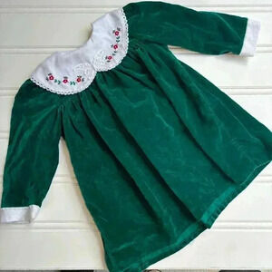 Vintage Green Velvet Dress Embroidered Collar Butterfly Holiday